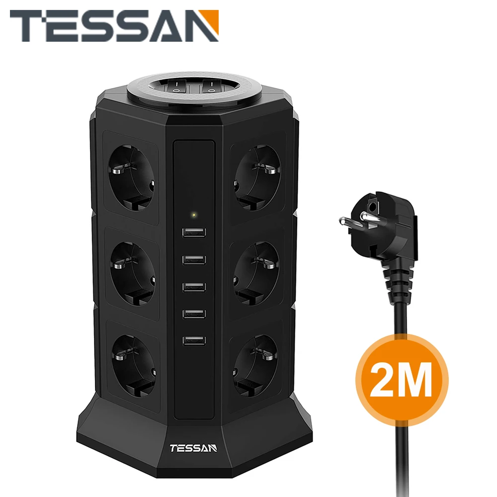 TESSAN 12-Way Socket Strip (2500W / 10A) 5 USB Ports, Multiple Sockets with Switch Overload Protection for Home Office, 2m cable