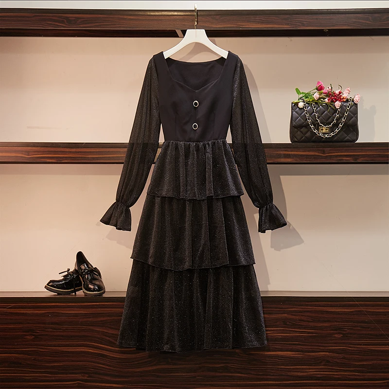

XL-5XL Plus Size 2019 Autumn Retro Royal Style Women Long Sleeves Layered Dress Female Oversize Beautiful Party Dresses N197