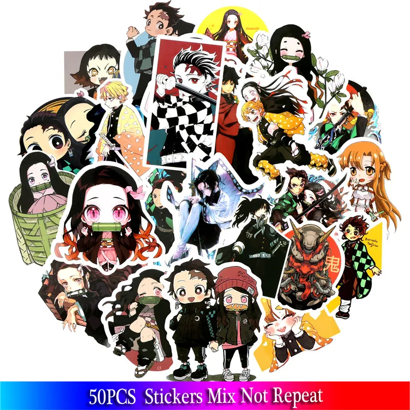 50 шт., наклейка с изображением демона: Kimetsu no Yaiba, аниме, s, ПВХ, наклейка с граффити, s, чемодан, чемодан, гитара для детей, игрушки