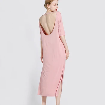 

Women Sexy V Back Hollow Out Long Split Night Dress Plus Size Summer High Elastic Modal Sleepwear Loose Solid Nightshirt Dresses