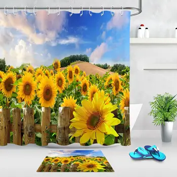 

Shower Curtains Sky Blue Sunflowers Wood Fence Pattern Bathroom Curtains Waterproof Polyester Fabric Bath Curtain Customizable