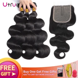 Utrue Malaysian Hair Bundles With Closure Lace T Part Middle Remy Human Hair Closure And Blundles Body Wave