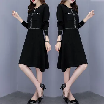 

Office Sweater Dress Women 2019 Autumn Winter Single-breasted Long Sleeve Pocket Knee Length A-Line Knitting Dresses vestidos