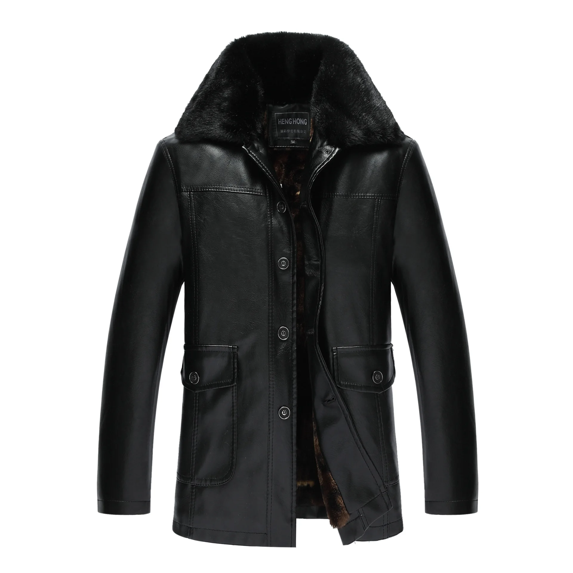 Кожаная мужская куртка, Мужская зимняя кожаная куртка, Мужское пальто из искусственного меха, мужская кожаная куртка, мужские кожаные куртки и пальто - Цвет: Черный