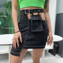 Уличные женские черные джинсовые юбки, полые карманы, пояс, нерегулярные юбки для танцев, высокая талия, панк-юбки, косплей, посылка, хип-хоп, Feminino