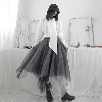 

[EAM] High Elastic Waist Black Asymmetrical Mesh Temperament Half-body Skirt Women Fashion Tide New Spring Autumn 2020 1T703