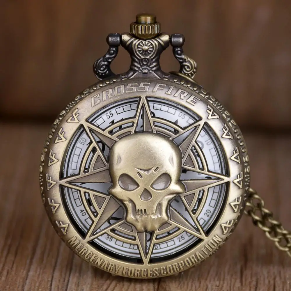 Vintage-Bronze-Quartz-Pocket-Watch-Hollow-Carribean-Pirate-Skull-Head-Horror-with-Chain-Steampunk-Pendant-necklace