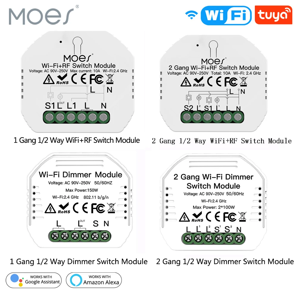 DIY Mini WiFi Smart Light Dimmer Switch Module Smart Life Tuya Remote Control Work with Alexa Google Home 1/2 Way 1/2 Gang