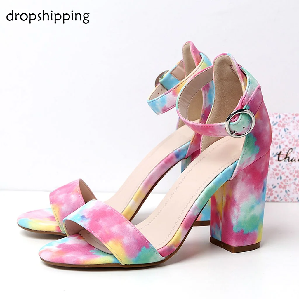 

Women's Ankle Strap High Heels Open Toe straps Sandals shoes woman non-slip block Square High Stiletto Heel plus Sandals #THY