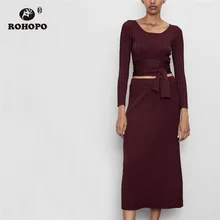 ROHOPO Высокая талия ребра прямые трикотажные бордовые миди юбки осенние толстые женские элегантные Однотонные эластичные Falda#9554