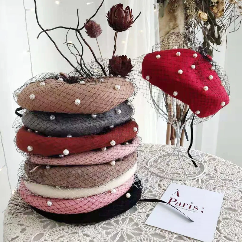 Chic Wool Blend Vintage London Beret With Veil Mesh Show Double Layer Women Beret Beanies Cap For Ladys Banquet