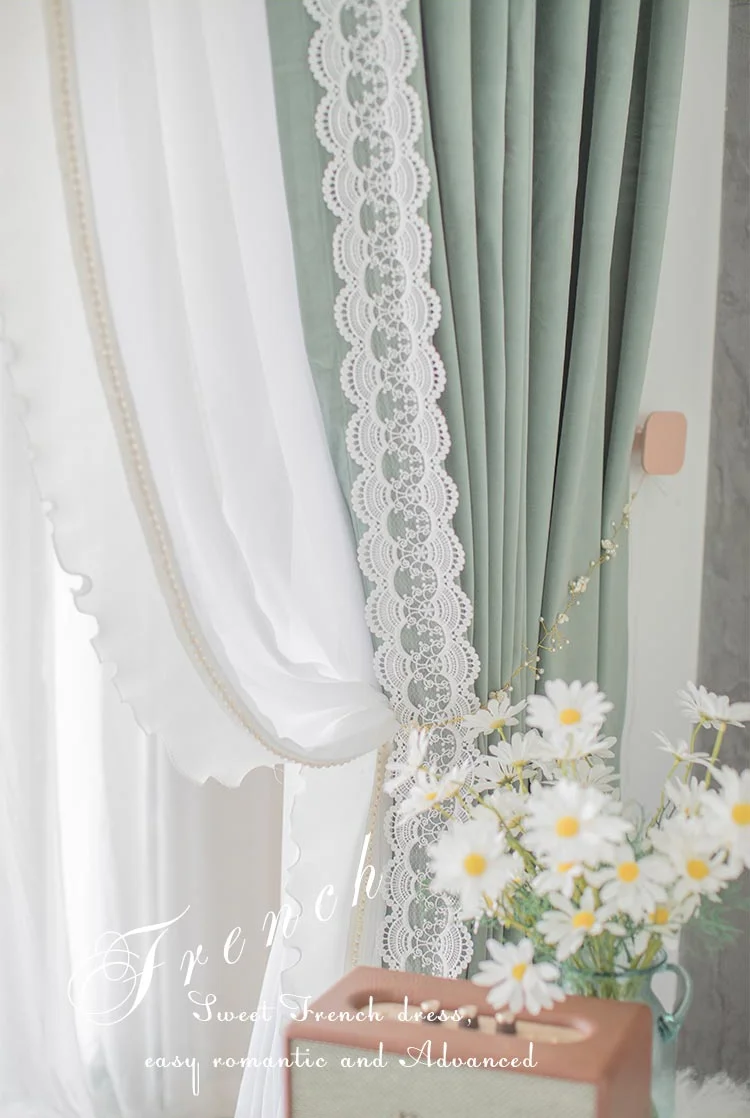 2022 New Avocado Green French Lace Princess Style Curtains Bedroom Living Room Bay Window Shading Curtains Modern and Simple