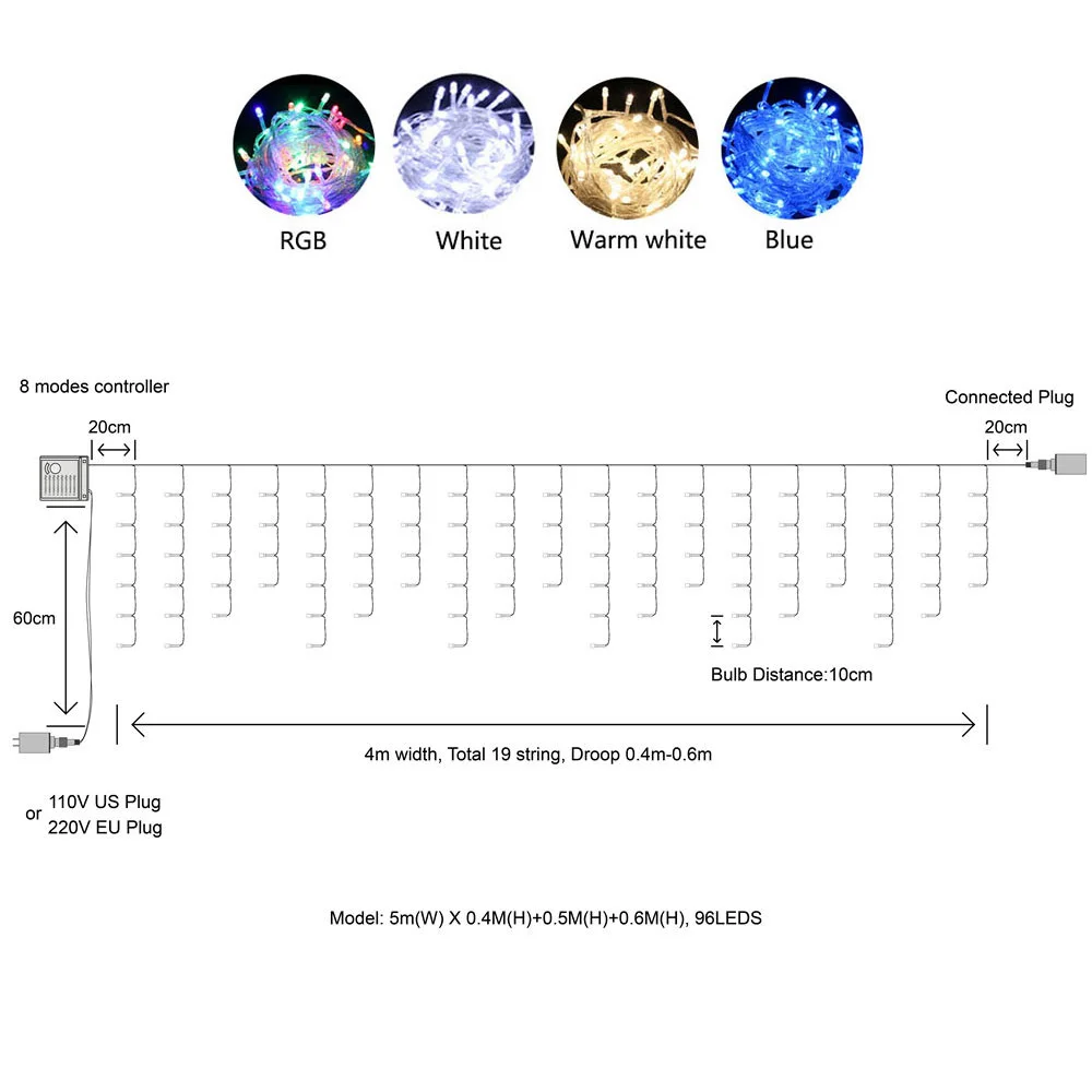 Открытый новогодние гирлянды светодиодный Шторы сосулька строка свет лампы 3,5 m 0,3-0,5 м 96 Светодиодный s Крытый падения светодиодный