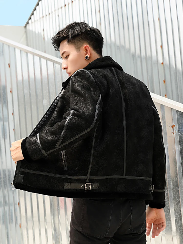 

Genuine Leather Jacket Men Winter Sheepskin Coat Short Vintage Shearling Jacket Men's Real Wool Fur Coat 036 KJ3853