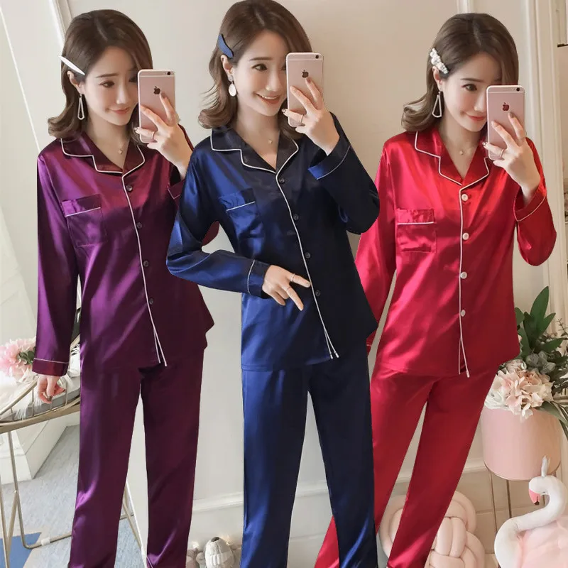 

2019 Spring And Autumn New Style Pajamas Women Long Sleeve Model Silk Cardigan Suit Cute Korean-style Fold-down Collar Viscose H
