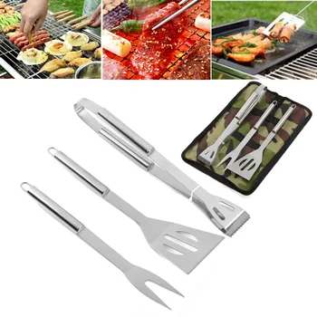 

New 3pcs/set BBQ Grill Tools Set with Storage Bag Stainless Steel Barbecue Shovel Fork Clip for Camping Cooking Utensil Tools