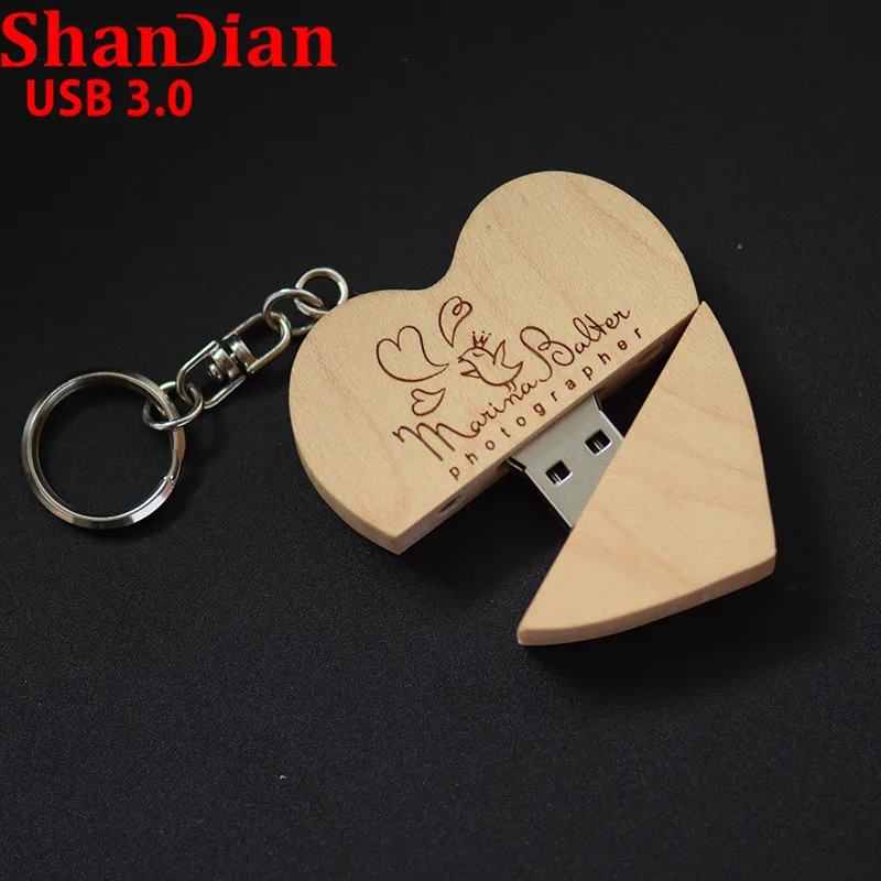 SHANDIAN USB 3,0(более 10 шт бесплатный логотип) грецкий орех деревянное сердце+ Подарочная коробка USB флэш-накопитель USB креативный Флешка 8 ГБ 16 ГБ 32 ГБ 64 ГБ