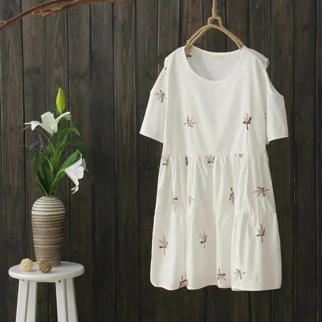 

L9730 2017 Summer Wear New Style WOMEN'S Dress Exposed Shoulder Sweet Loose-Fit Embroidered Mid-length Dress Joint GIRL'S Dress