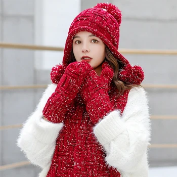 

HT2843 Thick Warm 3PCS Hat Scarf Gloves Set Female Winter Accessory Ladies Knitted Beanie Hat with Scarf Gloves Women Winter Set