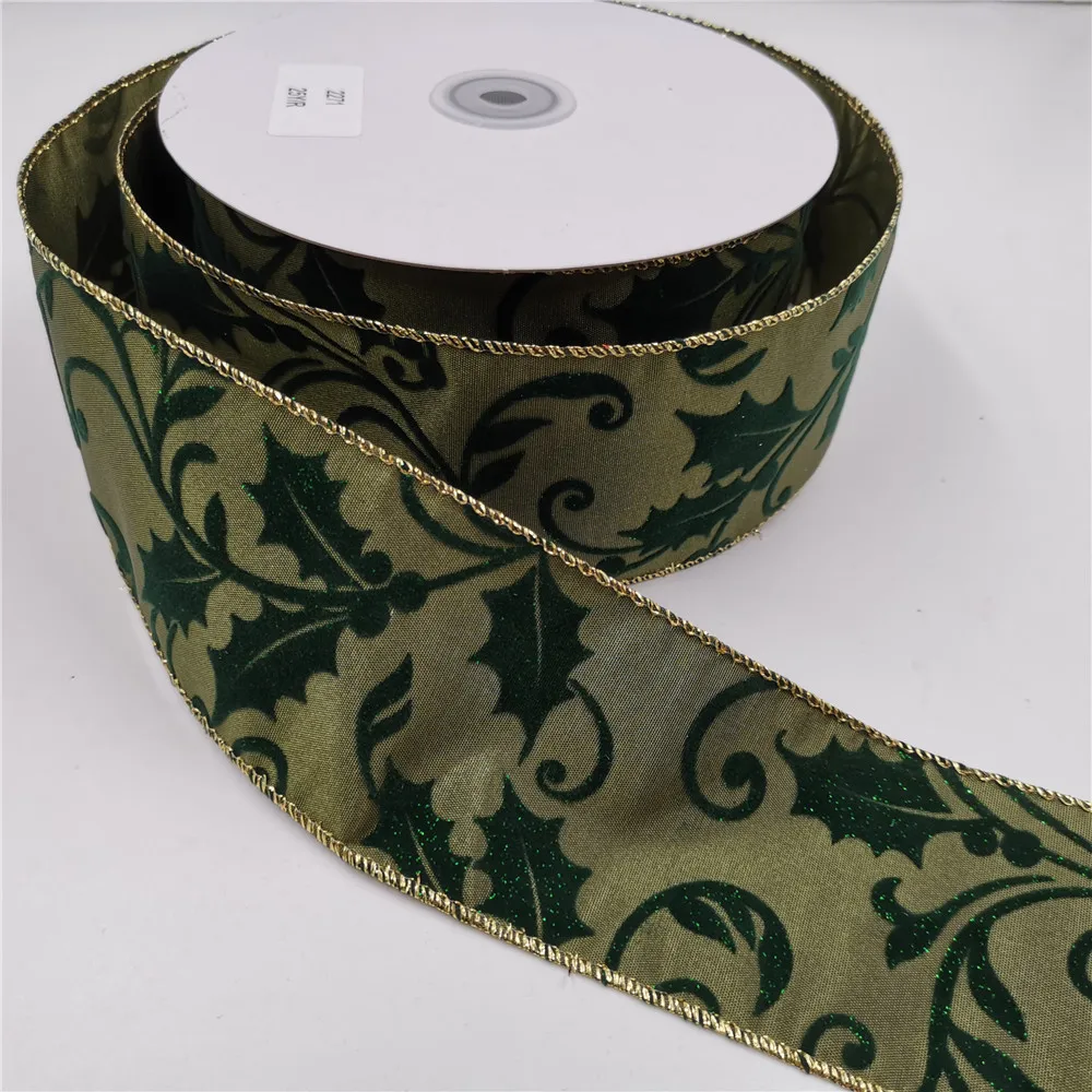 

25YARDS 63MM Wired Edge Decorative Satin Ribbon With Green Leaves for Birthday Decoration Chirstmas Gift DIY Wrapping
