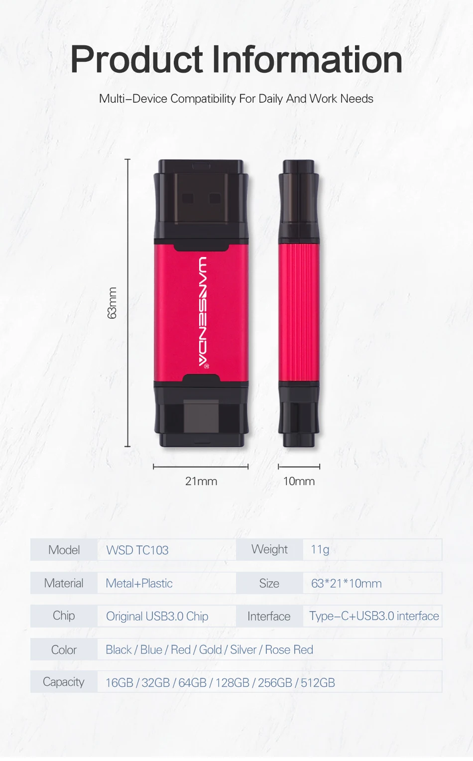 WANSENDA USB 3,0 OTG USB флеш-накопитель type-C флеш-накопитель 32 Гб 64 Гб 128 ГБ 256 ГБ 512 ГБ высокая скорость 2 в 1 Флешка USB карта памяти