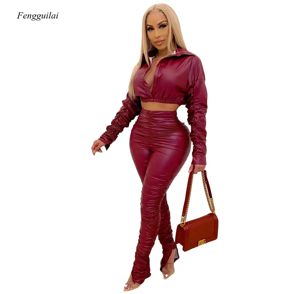 

Faux Leather 2 Piece Set Women Sexy Pu Zipper Jackets Crop Top + High Waist Stacked Pants Bodycon Club Party Two Piece Women Set