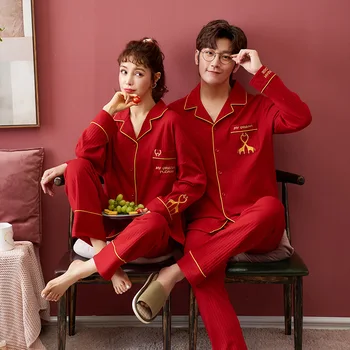 

Pure cotton couple pajamas women red festive home service suit 2020 autumn suit pijama feminino pair of pajamas suit for home