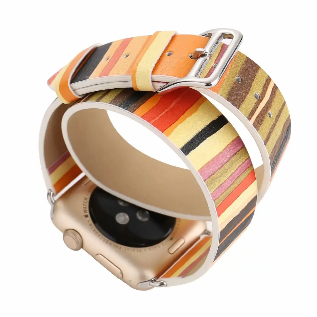 Кожаный ремешок для часов с двойными кругами для Apple Watch Series 5 4 3 2 1, браслет в разноцветную полоску для iWatch Band 44/40/42/38 мм