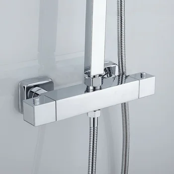 

Bath Shower Faucet Thermostatic Faucets Wall Mounted Mixer Valve Twin Outlet Tap Temperature Control Rain Shower for Bathroom