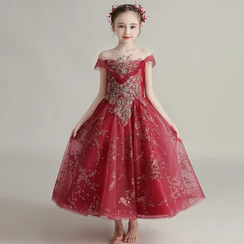 

Children Girls Elegant Sequined design Wedding Evening Party Princess Fluffy Dress Infant Teens Piano Host Ceremony Prom Dress