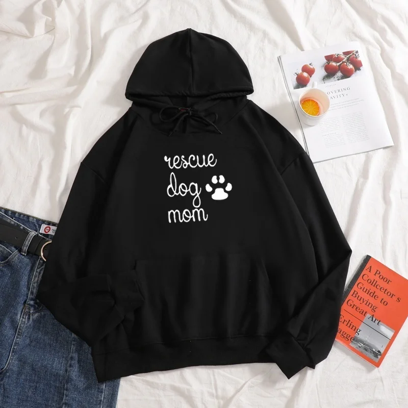 

New 2021 Rescue Dog Mom Letter Print drawcord hoodies Harajuku Aesthetics autumn Casual hoodie Plus Size Long Sleeve Hoodies