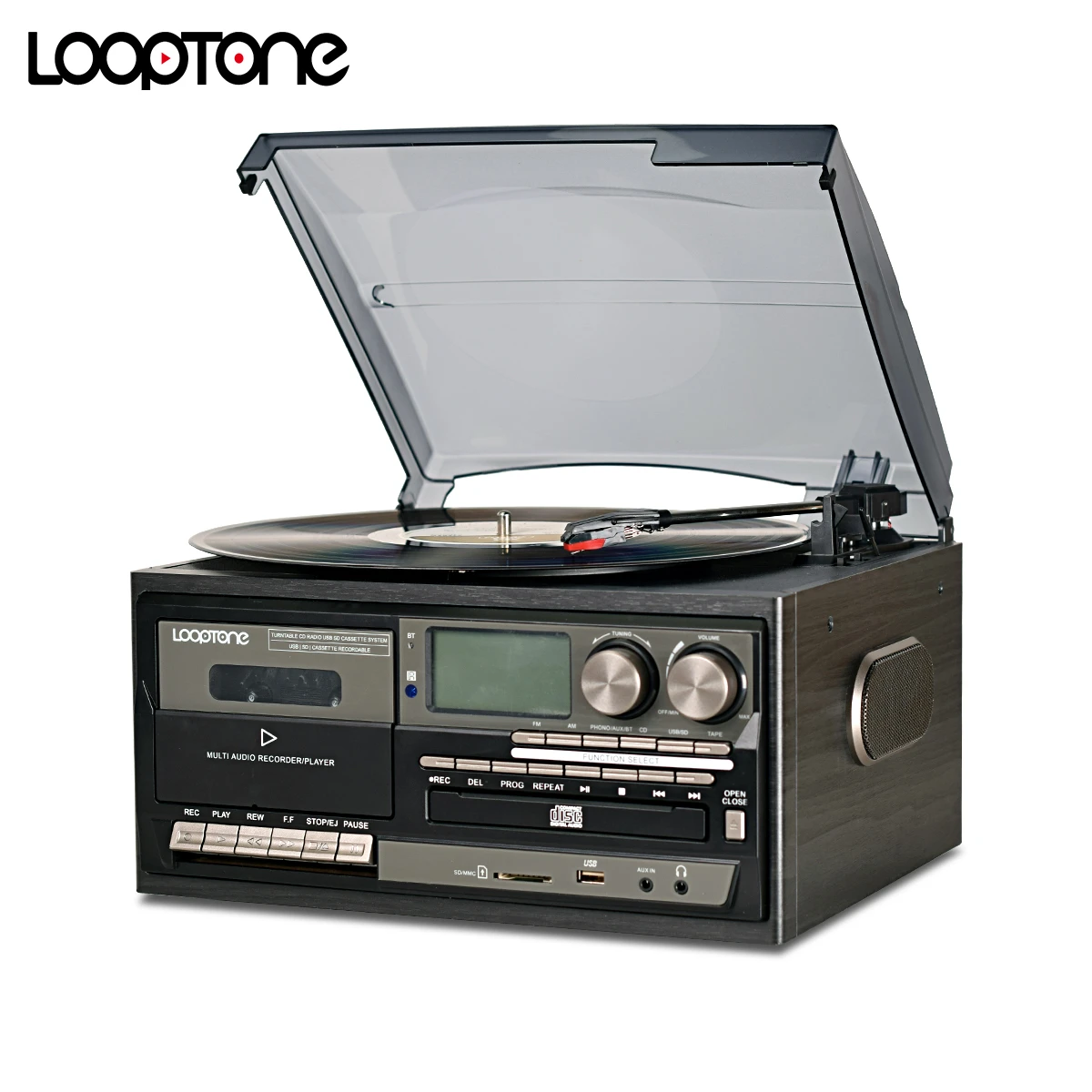 LoopTone tocadiscos Vintage de 3 velocidades, reproductor de CD y compatible con Bluetooth, altavoz, Radio grabadora USB|Giradiscos| -