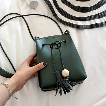 

Portable Mini Bucket Bag Fashion Tassel Handbag Simple Shoulder Messenger Bags For Women Wild Crossbody Bags