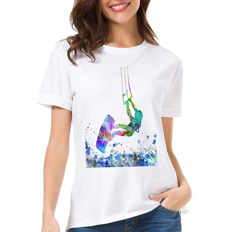 Kitesurfen Frauen streetwear t-shirt aquarell kiteboarding Kunst print t shirt mädchen sommer neue weiß casual kurzarm t-shirt – Detail 7