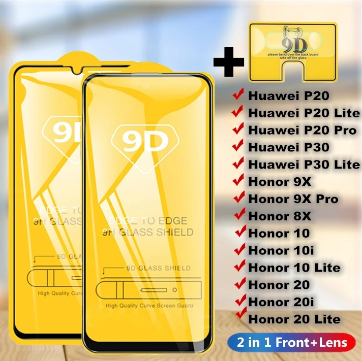 2 в 1 полное покрытие 9D закаленное стекло для huawei P20 Pro P30 Lite Honor 8X 9X 10 20 10i 20i защита