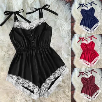 

Women Summer Lingerie, Tie Spaghetti Strap Low-Cut Backless Bodysuit with Lace Hem for Ladies, Gift for Wife