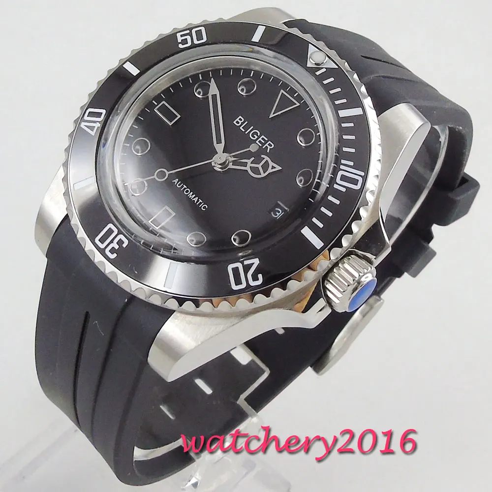 Black Strap 40 мм черный циферблат Выпуклое стекло резиновый ремешок Дата автоматические мужские часы - Цвет: Black Strap