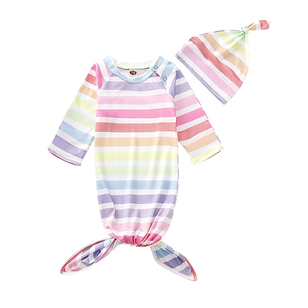 Новорожденный Младенец Радужный Красочный Полосатый пеленать для завёртывания для пеленания спальный мешок повязка на голову хлопок 2 шт набор