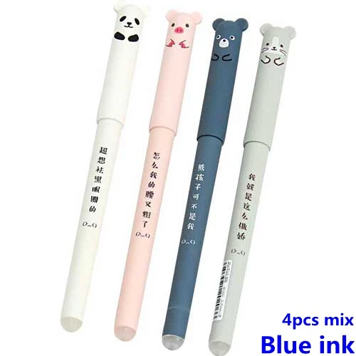 4pcs Blue ink Mixed 4 шт./партия, Kawaii стираемая ручка, медведь, панда, розовая свинья, кошка, ручки, милые Мультяшные животные, моющаяся ручка, гелевая ручка, 0,35 мм, сменные стержни, подарок - Цвет: 4pcs Blue ink Mixed
