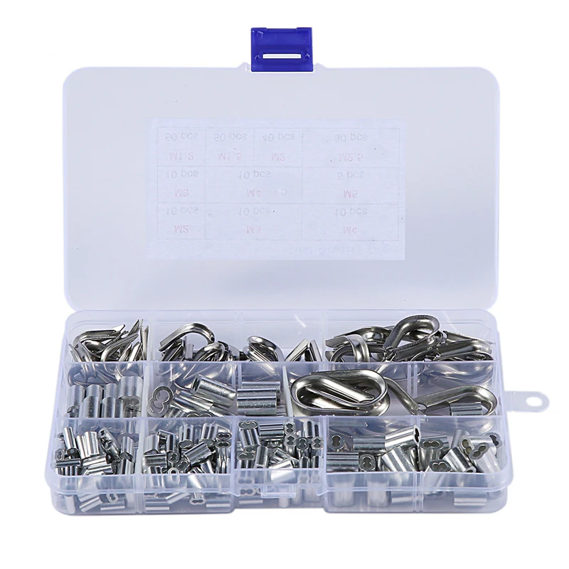 

225Pcs M2 / 3/4 / 5 Stainless Steel Thimble and 6-Size Aluminum Crimping Loop Sleeve Assortment Kit for 1/16 inch - 3/16 inch Di