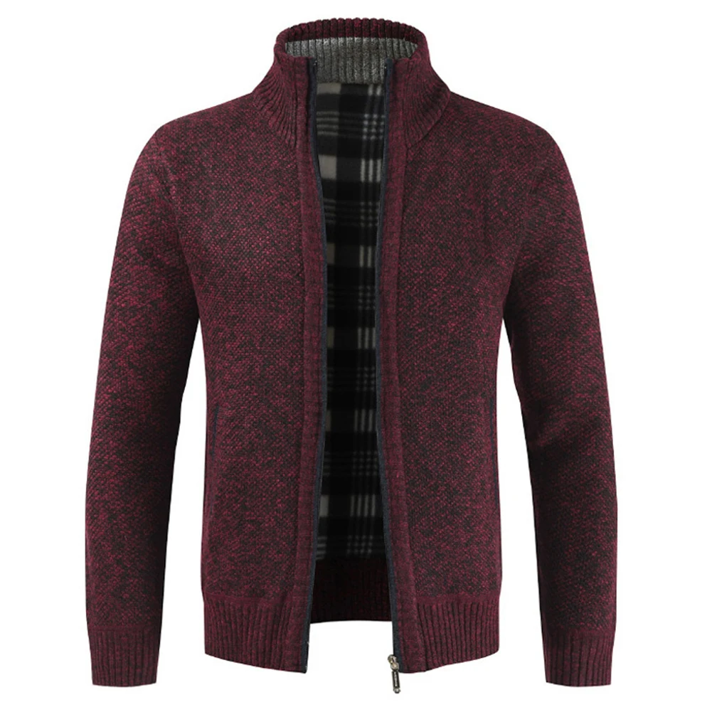 Men Solid Color Stand Collar Cardigan Sweater Thick Zip Slim Knit Jacket Coat