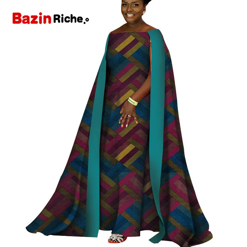 Женская одежда в африканском стиле модные женские платья элегантные Африканские Восковые принты Bazin Riche вечерние платья в пол с накидкой WY4332 - Цвет: 2