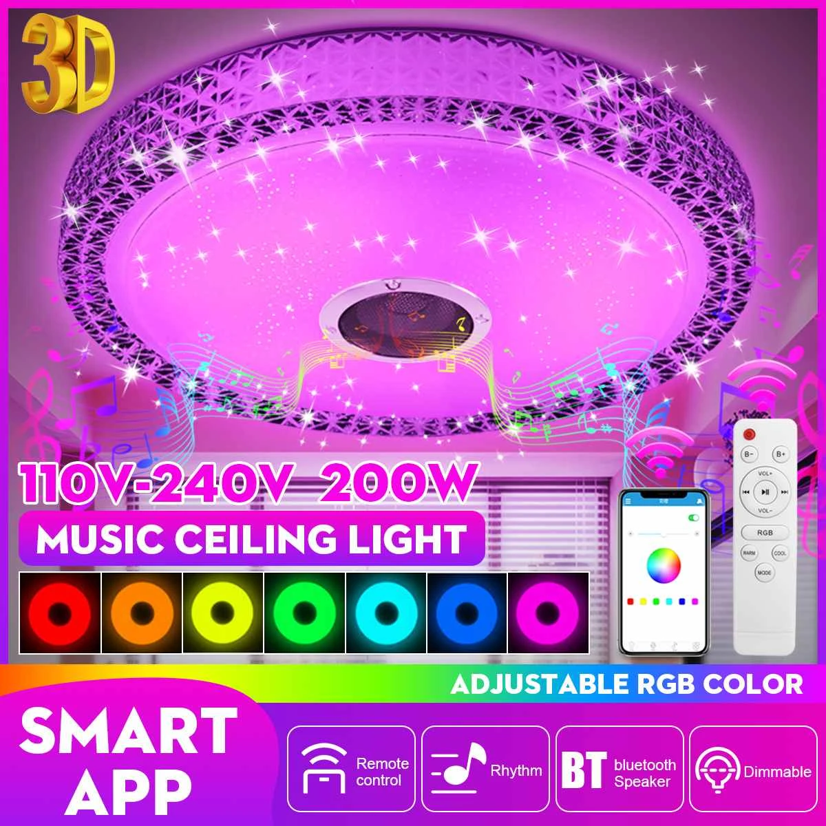 Smart LED Ceiling Light Lamp RGB Bluetooth Music Speaker Dimmable Bedroom Smart LED Ceiling Light Lamp RGB Bluetooth Music Speaker Dimmable Bedroom