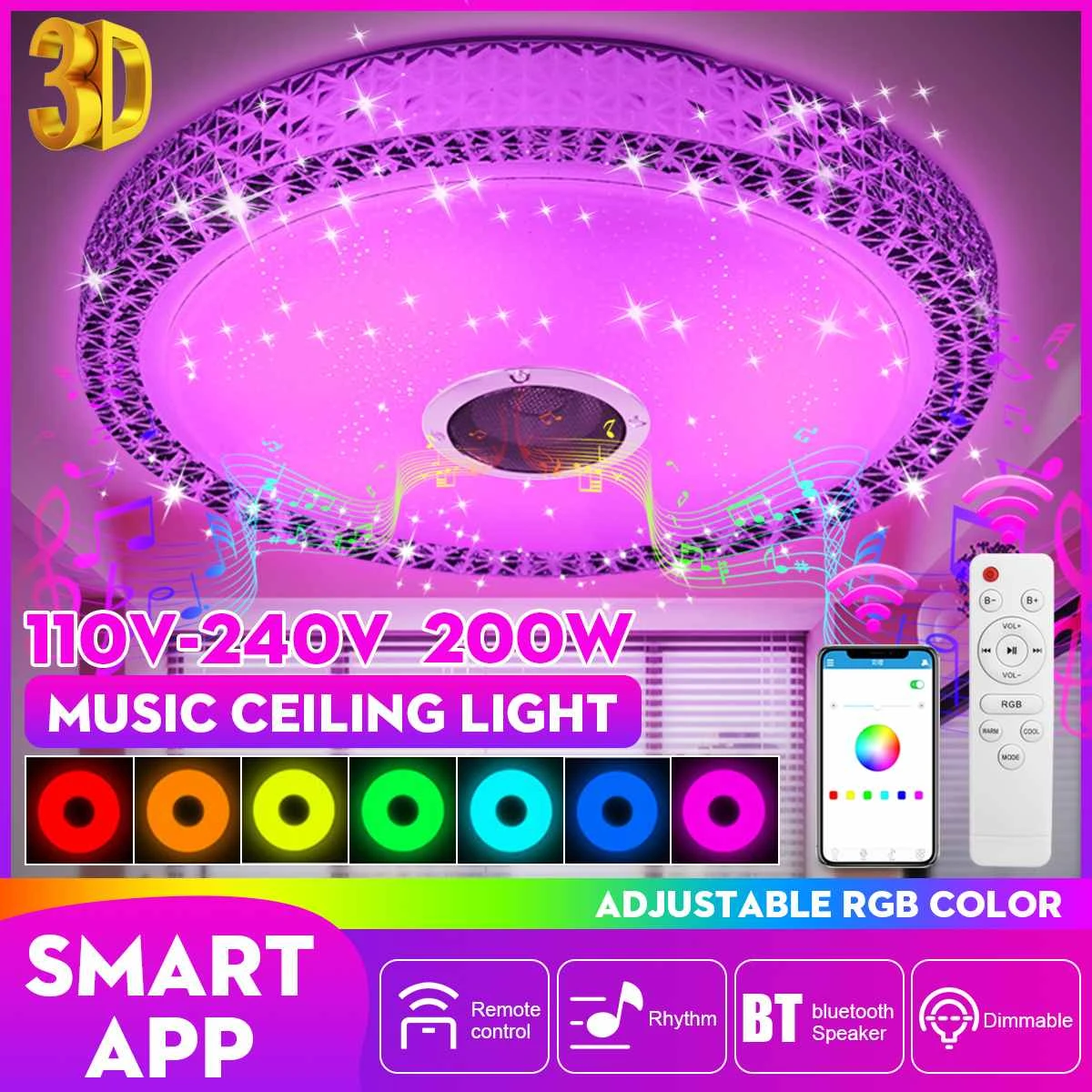 werk puppy pin 200W Rgb Led Muziek Plafondlamp Bluetooth Speaker Lamp Thuis Party  Slaapkamer 170 265V Afstandsbediening Dimbare + app Smart Kleurrijke  Licht|Plafondverlichting| - AliExpress