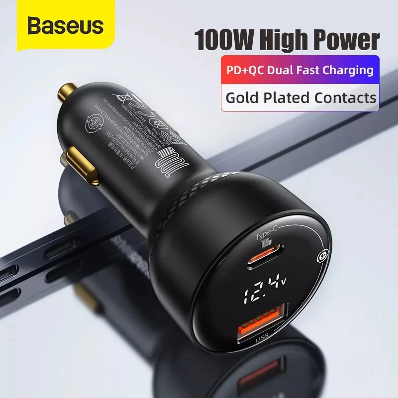 Baseus 100W Car Charger Dual Port USB Type C Quick Charger Digital PPS QC PD 3.0 Laptop Phone Charger for iPhone Samsung Xiaomi