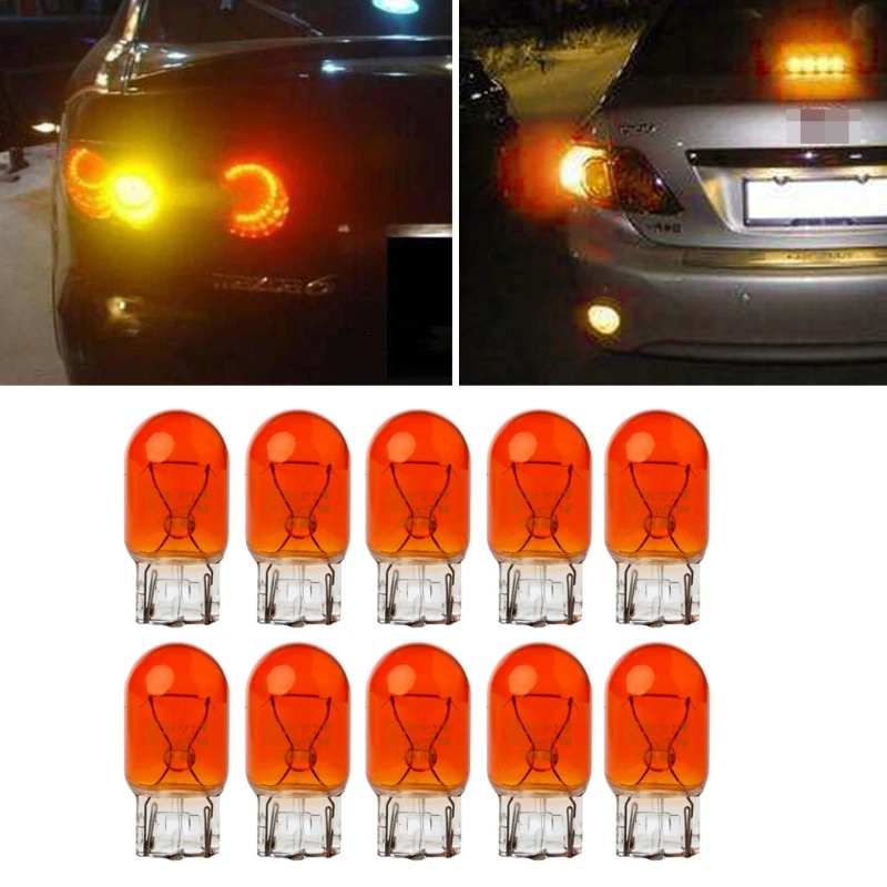 

10pcs T20 W21/5W 3800K Glass DRL Turn Signal Stop Brake Tail Light Bulb Amber Light 7443 Halogen Bulbs Indicators Lights Yellow