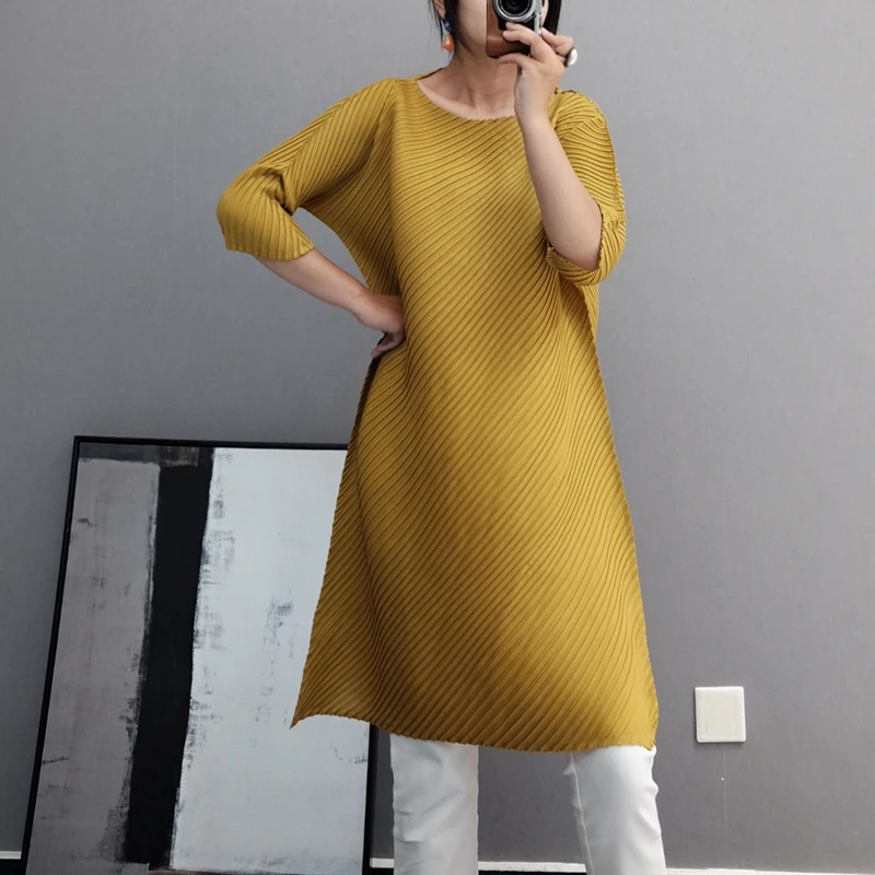 LANMREM 2020 New Short Sleeves Pleated Asymmetrical Pullover Round Neck Loose Summer Dress Knee Length Vestido WK83101 | Женская одежда
