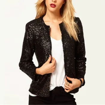 

Autumn Women Plus Size Long Sleeve Blazer Coat O-Neck Sequined Short Coat Solid Office Korean Slim Blazer