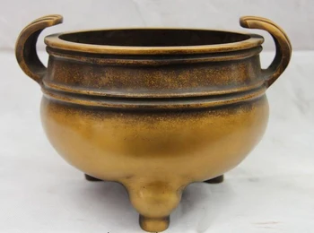 

China Folk Fane Pure Bronze Copper Two Ear Three Feet Ding Incense Burner Censer