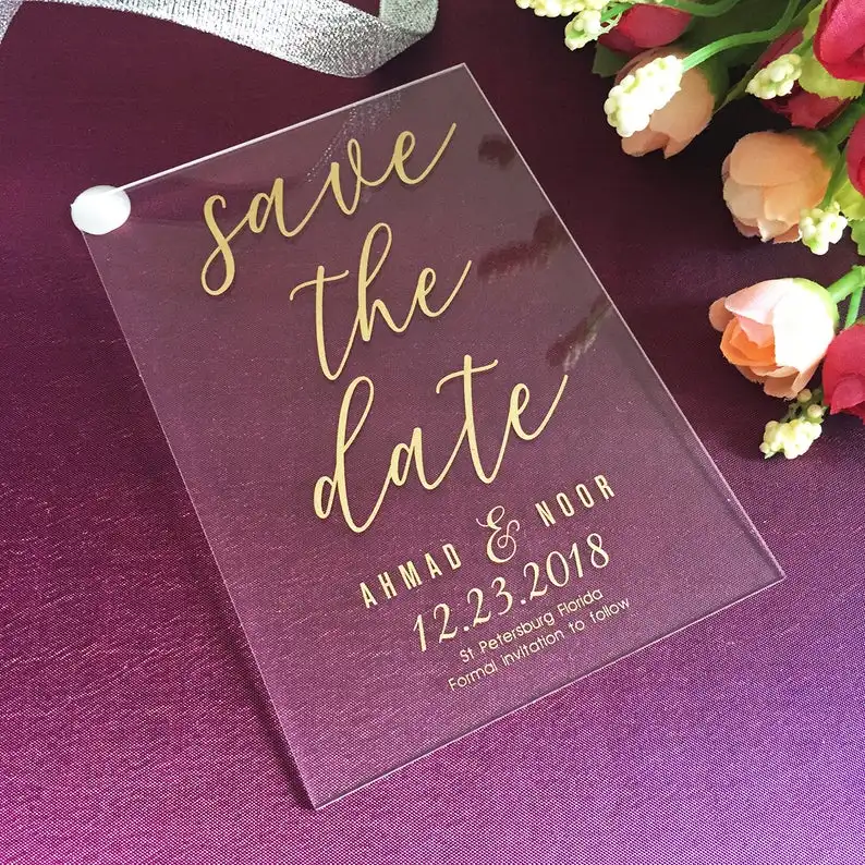 

50 pcs Personalised golden Save the date acrylic invitation, Luxury Unique Day Invitations, Wedding Invitations